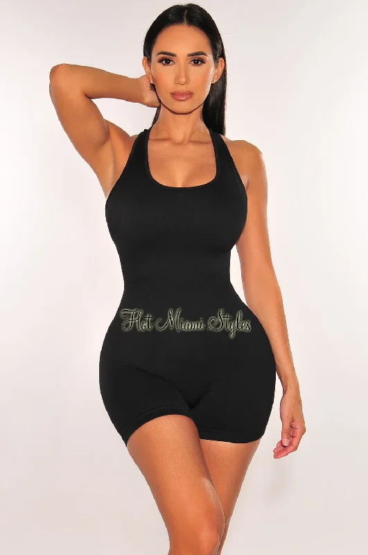 Discover Now HMS Fit: Black Sleeveless Round Neck Snatched Romper