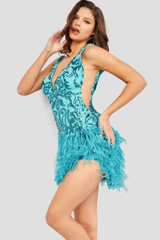 Summer Fashion Jovani 23103 Short Fitted Sequin Feather Cocktail Dress Side Slit Homecoming Gown