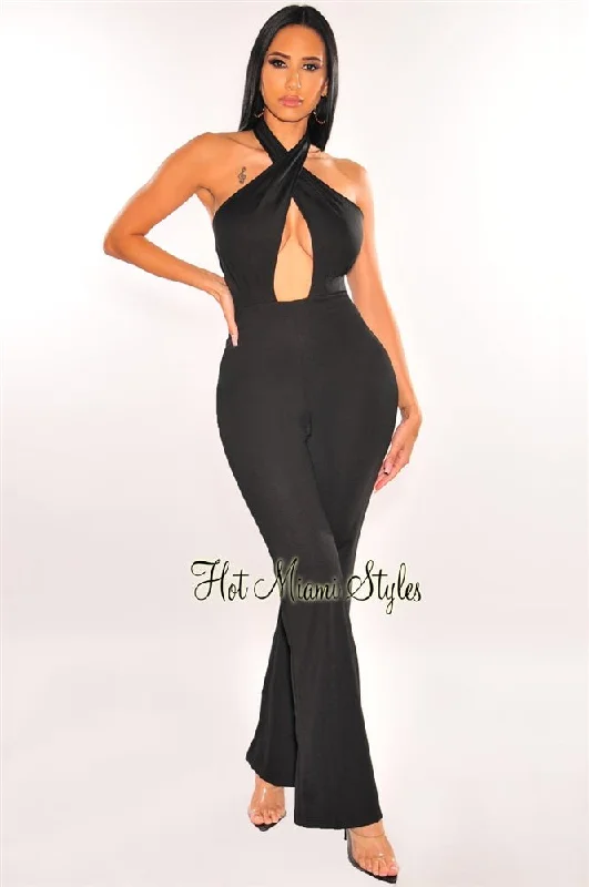 Trend Forward Threads For Her Black Halter CrissCross Cut Out Palazzo Jumpsuit