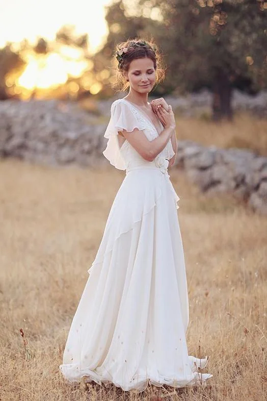 Spring Fling Sale Ivory V-Neck Chiffon Boho Wedding Dress Unique Cap Sleeves Beach Wedding Dress with Ruffles N2505