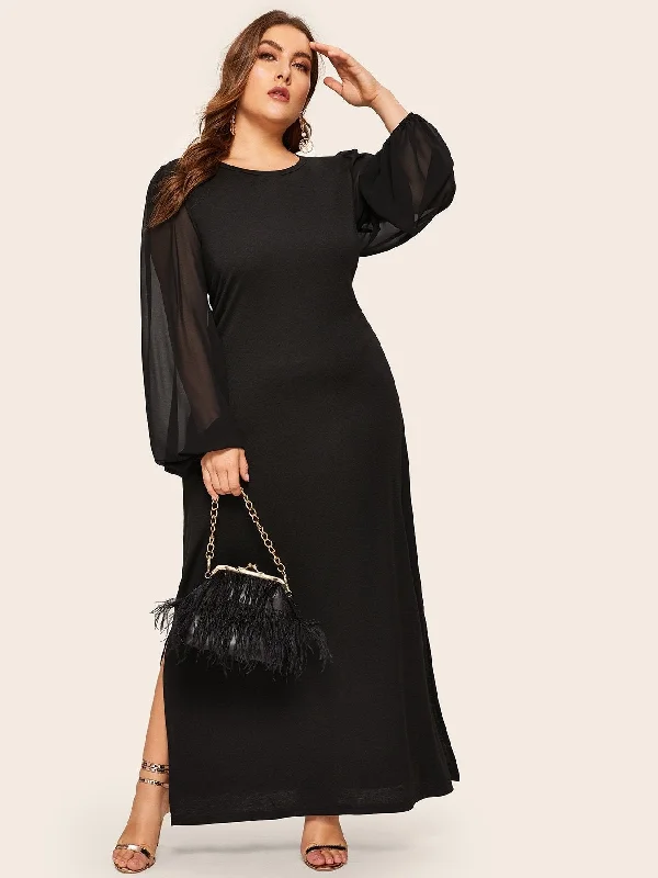 Disco - Inspired Retro Dance Look Plus Contrast Mesh Split Side Maxi Dress