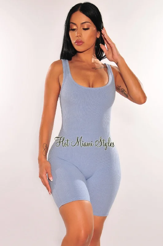 Trendy Threads HMS Essential: Sky Blue Round Neck Ribbed Knit Romper