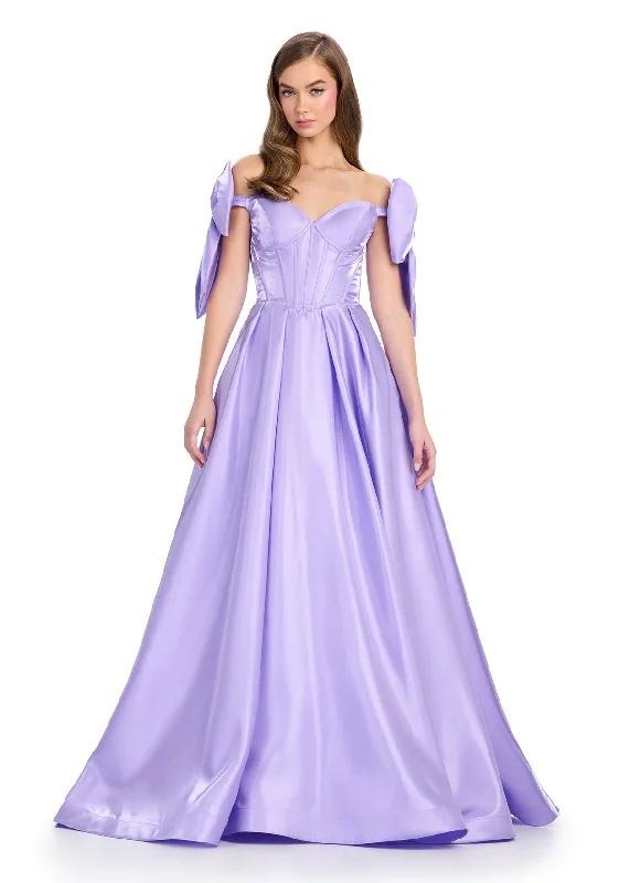 Budget Saver Ashley Lauren 11871 Size 2 Lilac Long Bow off the shoulder Dress Corset A Line Pageant Gown Pockets