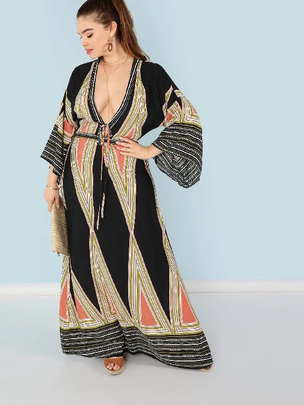 Today Only  Plus Plunging Neck Bell Sleeve Geo Maxi Dress