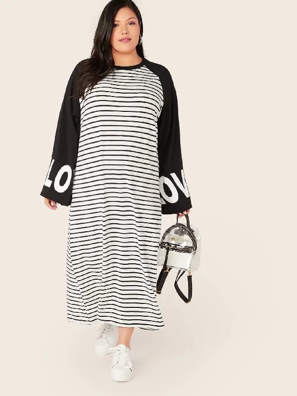 End Of Month Blowout  Plus Letter Raglan Bell Sleeve Striped Maxi Dress