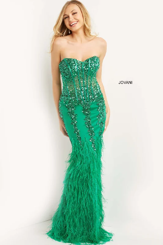 Hurry Before It's Gone Jovani 08142 Size 6 Emerald Long Fitted Feather Prom Dress Pageant Gown Strapless Sheer Mermaid