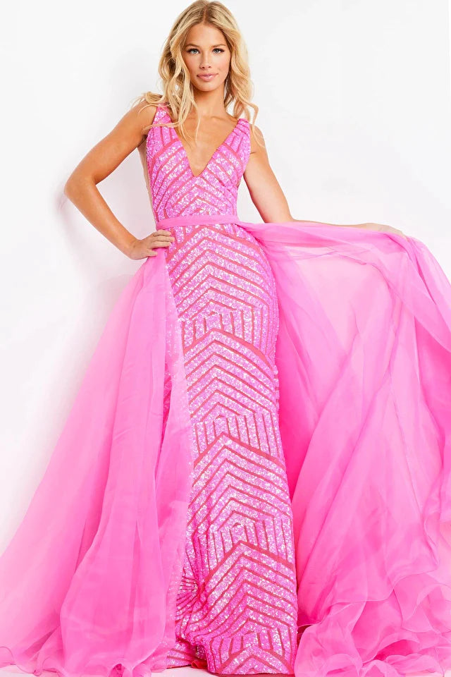 Elegant Style Jovani 25833 Size 12 Hot Pink Long Fitted Sequin Mermaid Pageant Dress Detachable Overskirt Pageant Gown