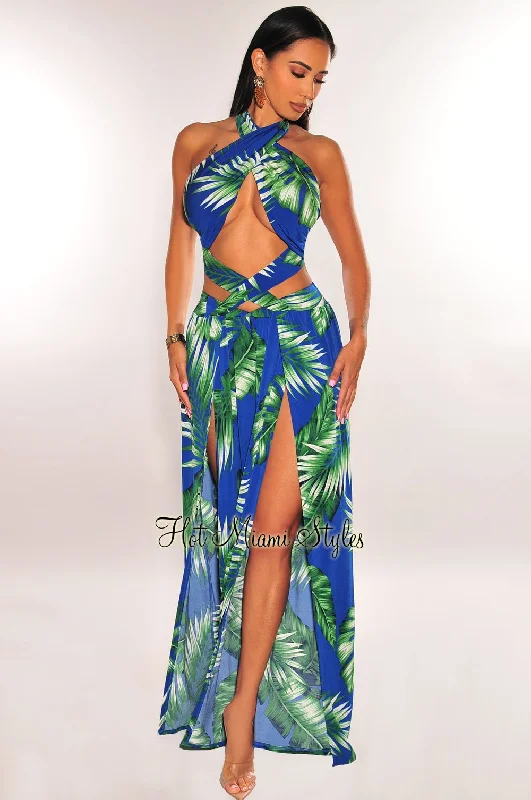 Huge Discounts This Week Blue Green Tropical Print Criss Cross Wrap Halter Palazzo Jumpsuit