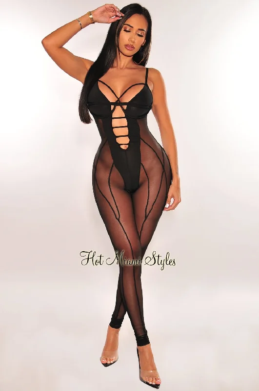 Crazy Discounts, Hurry Up Black Mesh Spaghetti Strap Underwire Strappy Jumpsuit