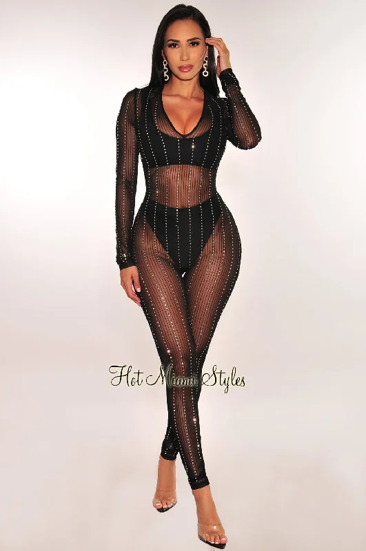 Special Offer For You Black Sheer Mesh Silver Rhinestone Long Sleeves Jumpsuit