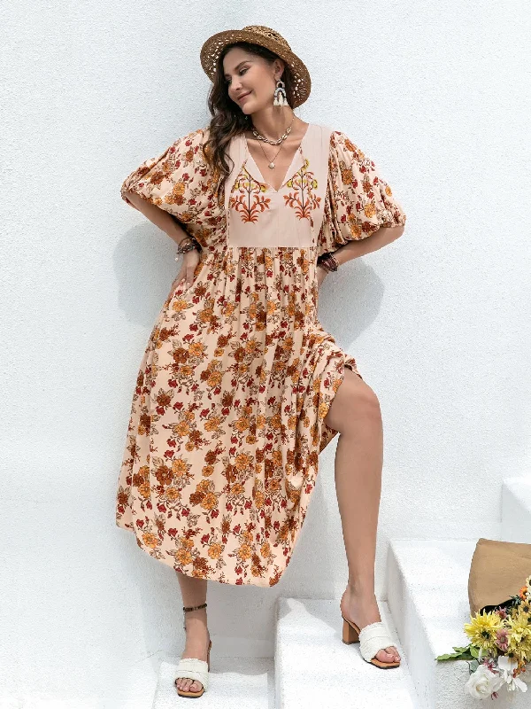 Limited Time Offers Plus Size Printed Tie Neck Half Sleeve Midi Dress