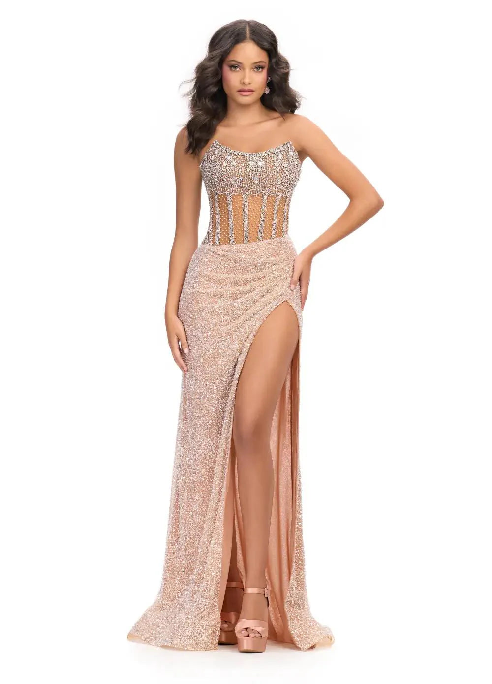 Feminine Soft - Hued Styles Ashley Lauren 11830 Size 4 Nude Sequin Sheer Crystal Corset Prom Dress Pageant Gown Slit strapless