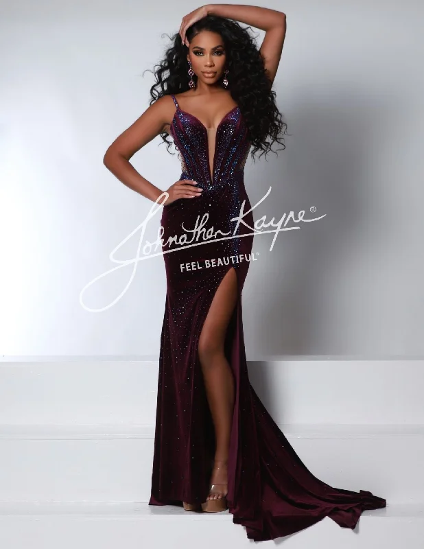 Get The Latest Trends Johnathan Kayne 2948 Size 12 Eggplant Long Velvet Sheer Formal Dress Pageant Prom Slit Evening Gown