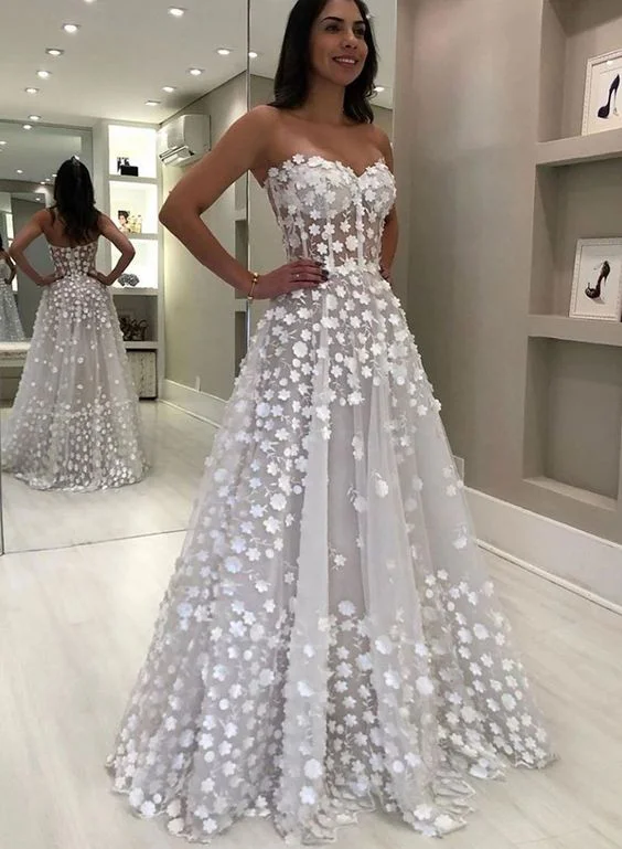 Unleash Your Trendy Side White sweetheart neck flower tulle long prom dress,princess evening dress,beautiful wedding dress   cg17696