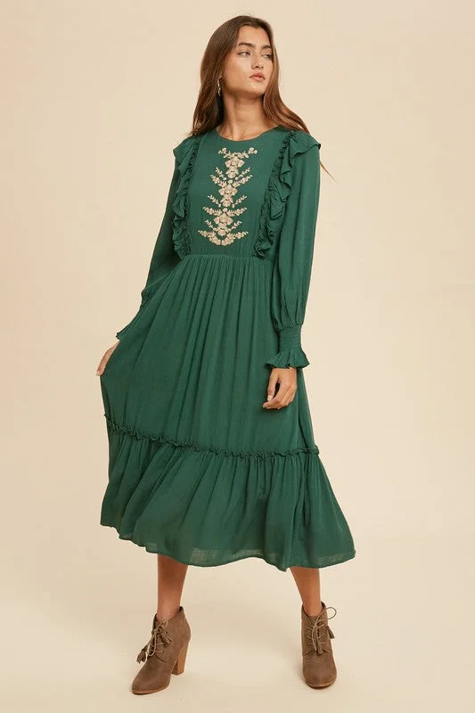 Trend Forward Threads Mariah Embroidered Midi Dress in Emerald