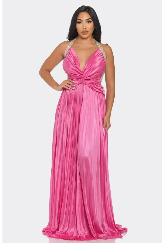 Coastal Beach - Inspired Style Pretty in Pink Rhinestone Pleated Maxi Dress