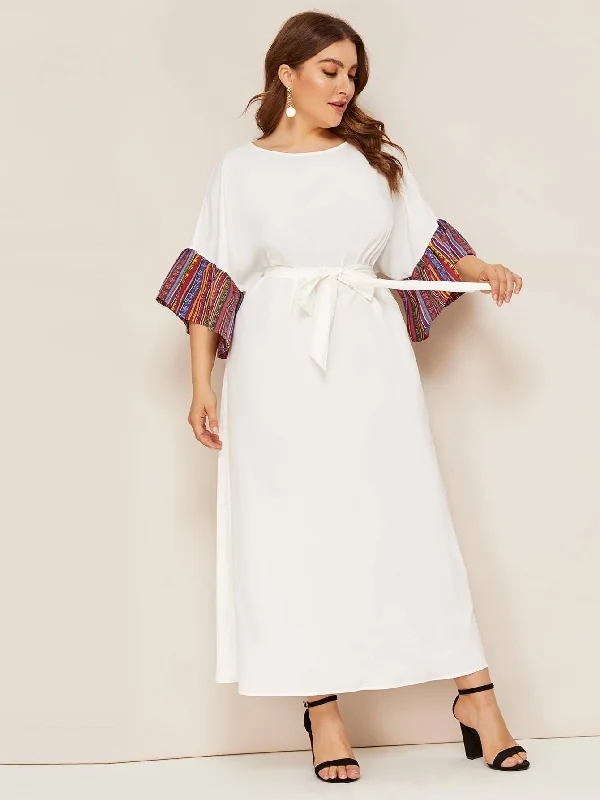 Casual Weekend Relaxed Style Plus Tribal Print Cuff Keyhole Back Belted Maxi Dress