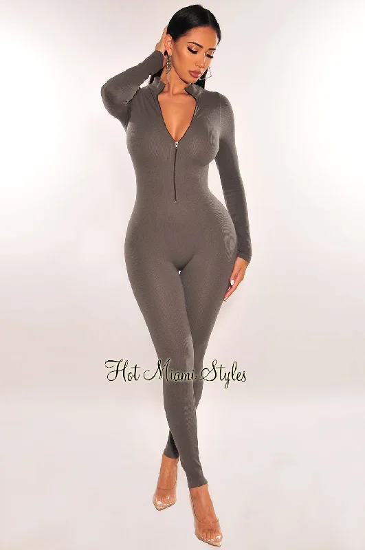 Limited Stock, Big Discounts Gray Ribbed Mock Neck Long Sleeve Zipper Jumpsuit