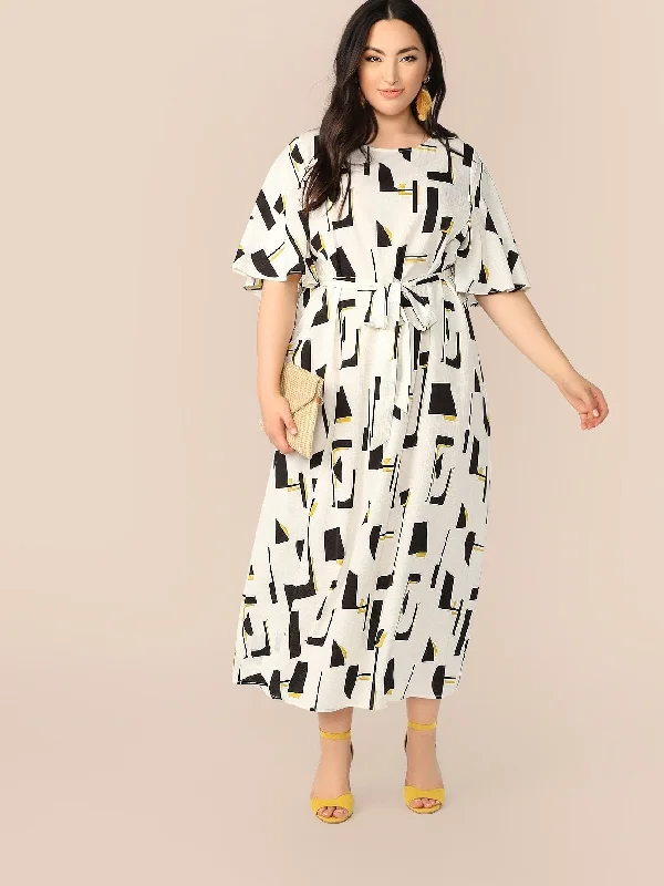 Buy More, Save More  Plus Flutter Sleeve Self Belted Geo Maxi Dress