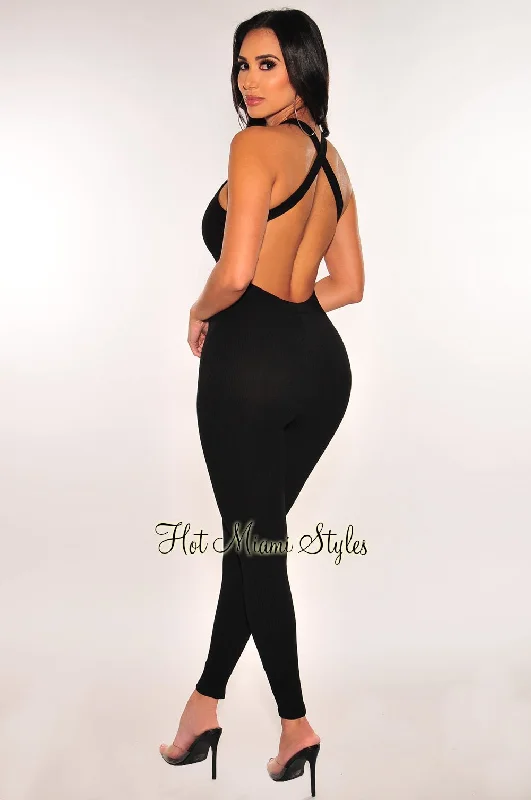 Effortless Everyday Wear Black Ribbed Sleeveless Criss Cross Back Jumpsuit