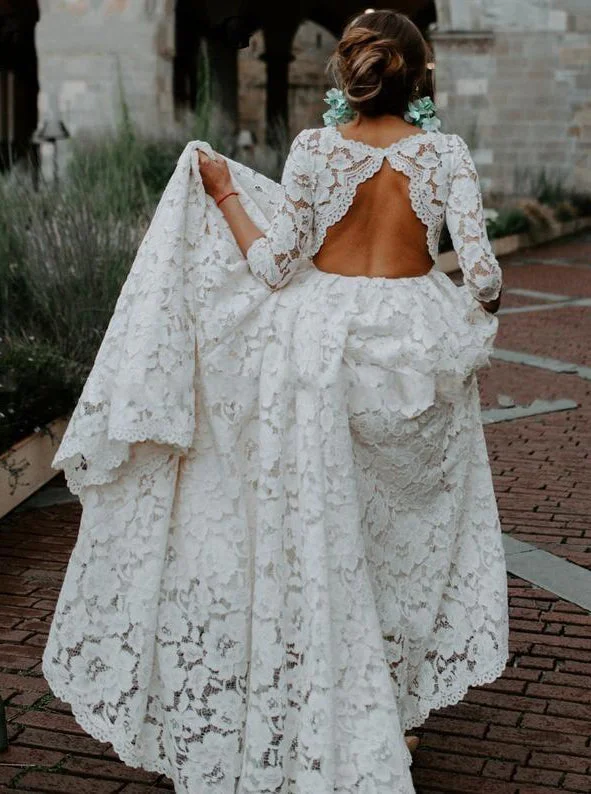 Chic Trends Unveiled Bohemian Keyhole Lace Beach Wedding Dresses With 3/4 Sleeves