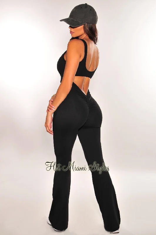 Final Sale HMS Fit: Black Padded Open Back Ruched Butt Flared Jumpsuit