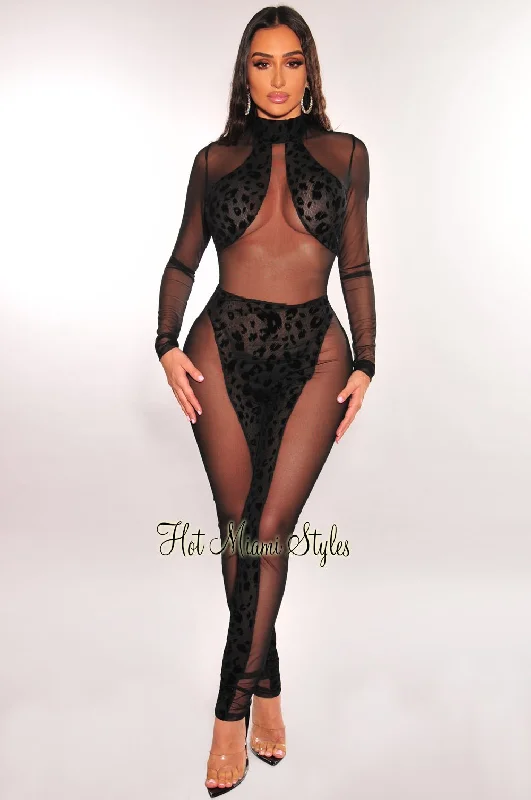 Stay Ahead In Style Black Leopard Sheer Mesh Long Sleeve Jumpsuit