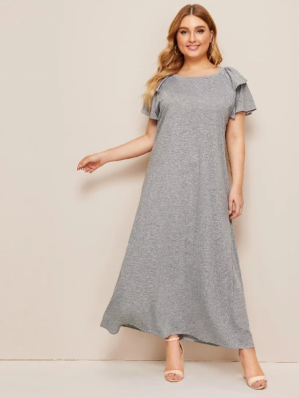 Feminine Soft - Hued Styles Plus Flounce Sleeve Maxi Dress