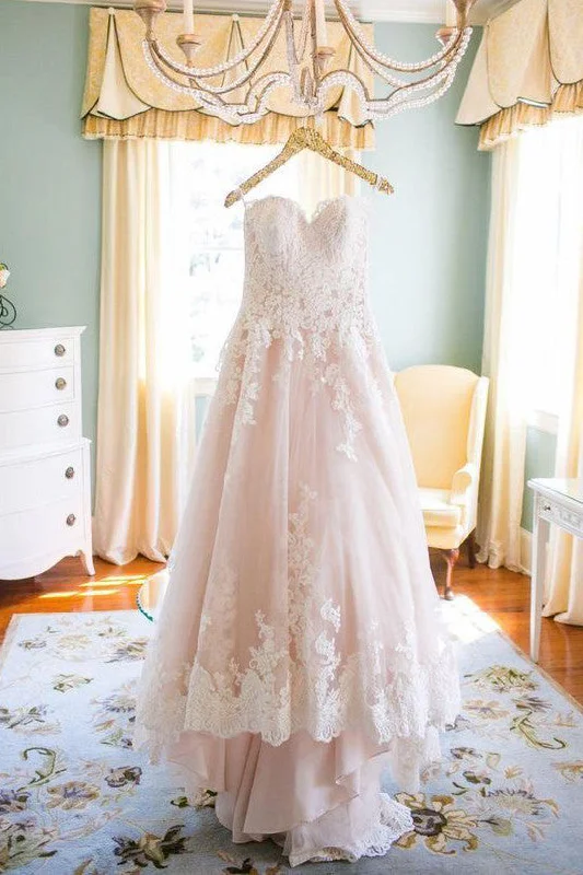 Trend Setting Wardrobe Light Pink Sweetheart Wedding Gown Tulle Beach Wedding Dress Lace Appliqued Bridal Dress N129