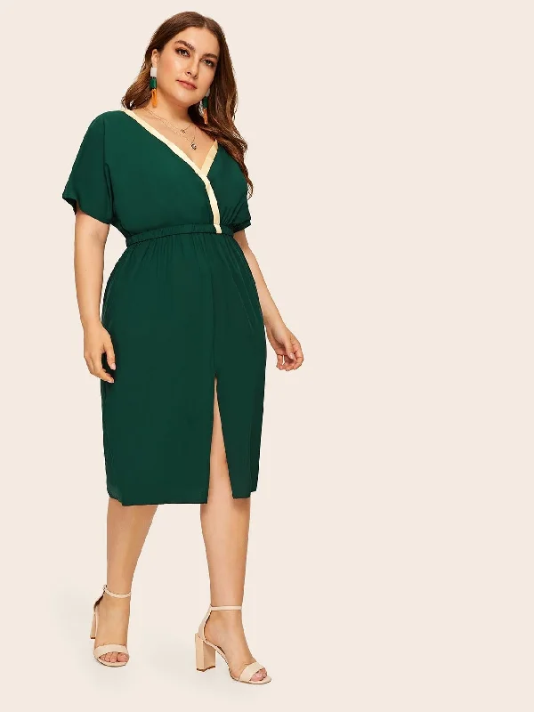 New Arrivals  Plus Surplice Neck Slit Hem Midi Dress