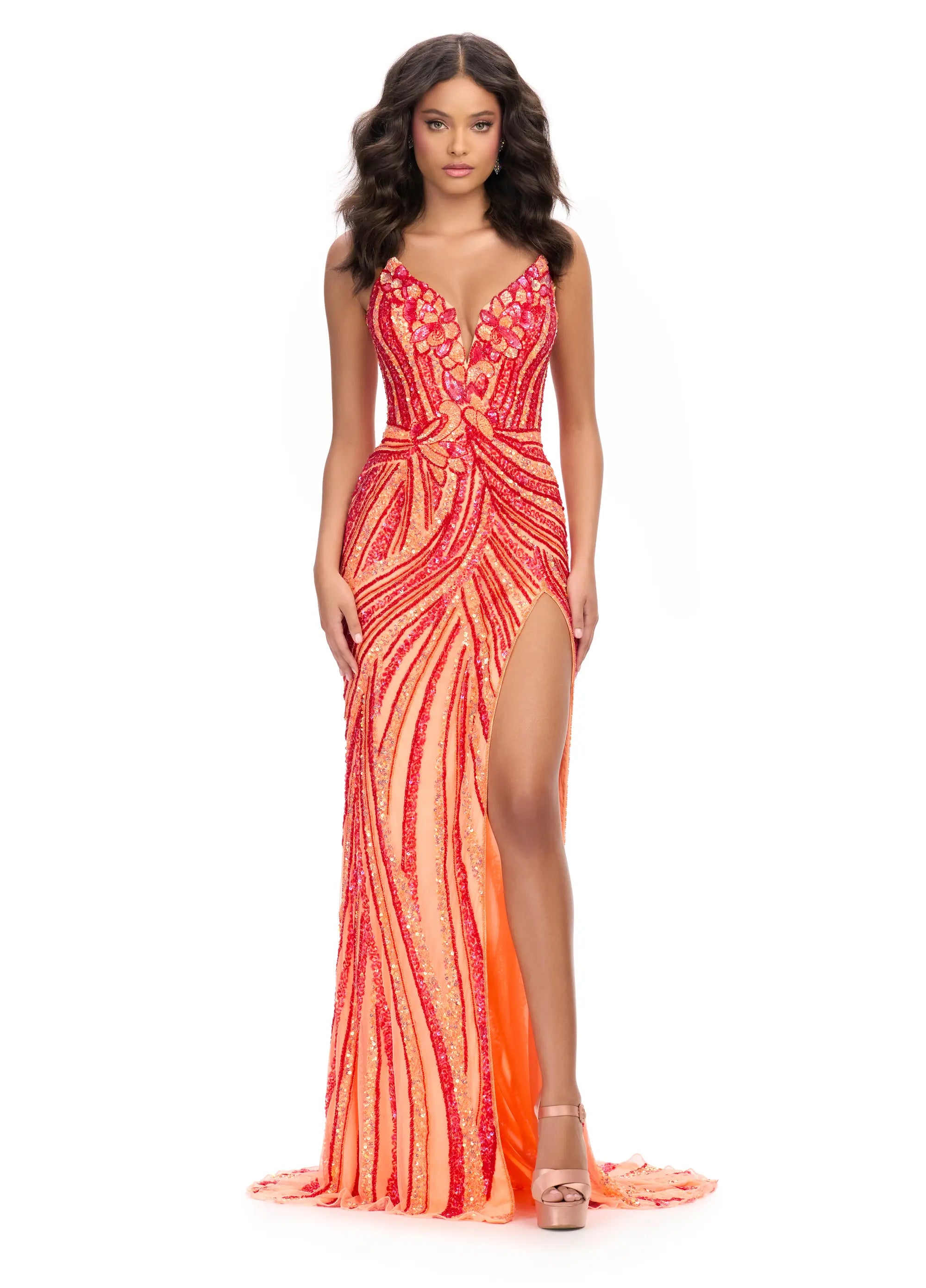 Shop Our Looks Ashley Lauren 11236 Size 00,0,2,4,6,8,10,14 Red Coral Long Fitted V Neck Slit Beaded Sequin Prom Dress Pageant Gown