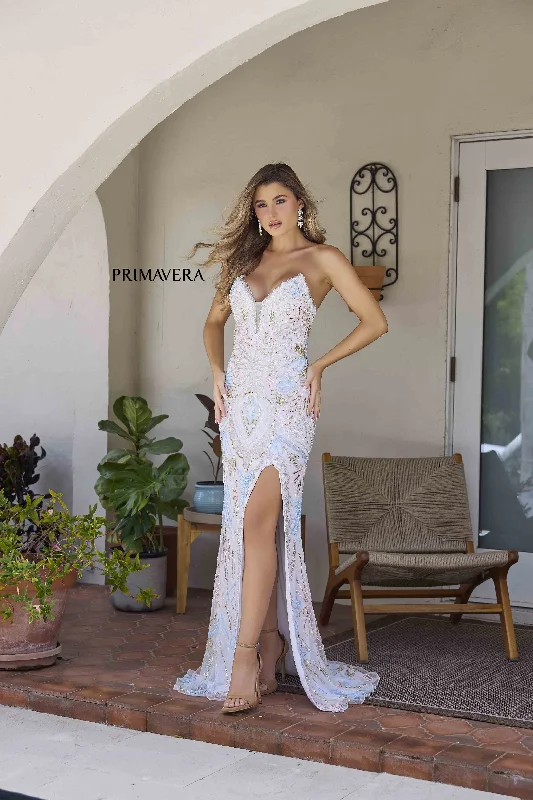 Limited Time Deal Primavera Couture 4382 Size 2, 8 Ivory Long Beaded Prom Dress Strapless Corset Slit V Neck Formal Evening Gown