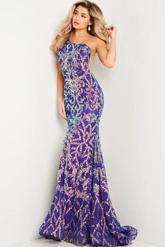 Limited Styles Jovani 22845 Long Fitted Mermaid One Shoulder Prom Dress Iridescent Sequin Pageant Gown