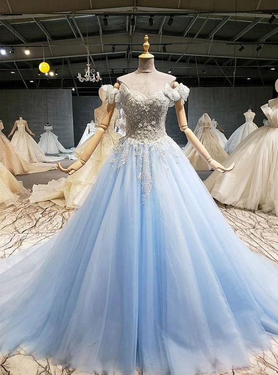 Trendy Urban Attire Sky Blue Tulle Off the Shoulder Beading Sequins Wedding Dress Prom Dress    cg16791