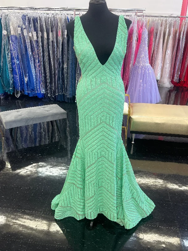 New In This Season Jovani 59762 Mint Green Prom Dress Size 10 Sequin Embellished Mermaid Pageant Gown plunging neckline