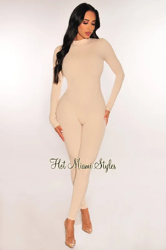 Flash Sale Now HMS Essential: Nude Ribbed Long Sleeves Mock Neck Jumpsuit