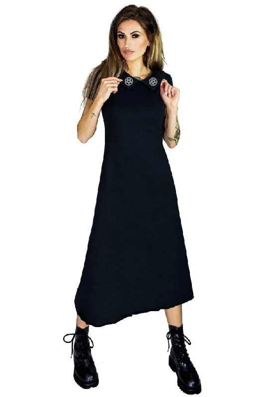 Dive Into Trendy Women's Fashion Pentagrams on Collar Long Nu Goth Black Maxi Dress - Giuliana