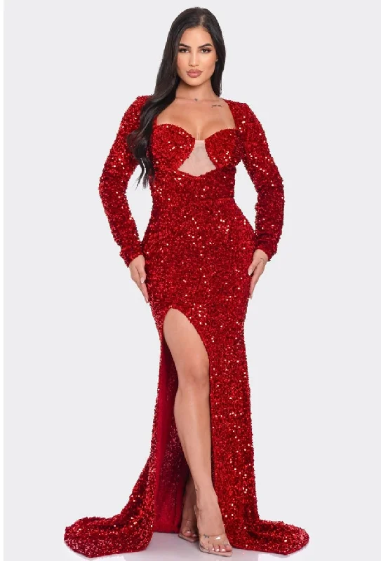 Boho - Chic Festival - Ready Style Stunning Holiday Red Sequin  Long Sleeve Maxi Dress