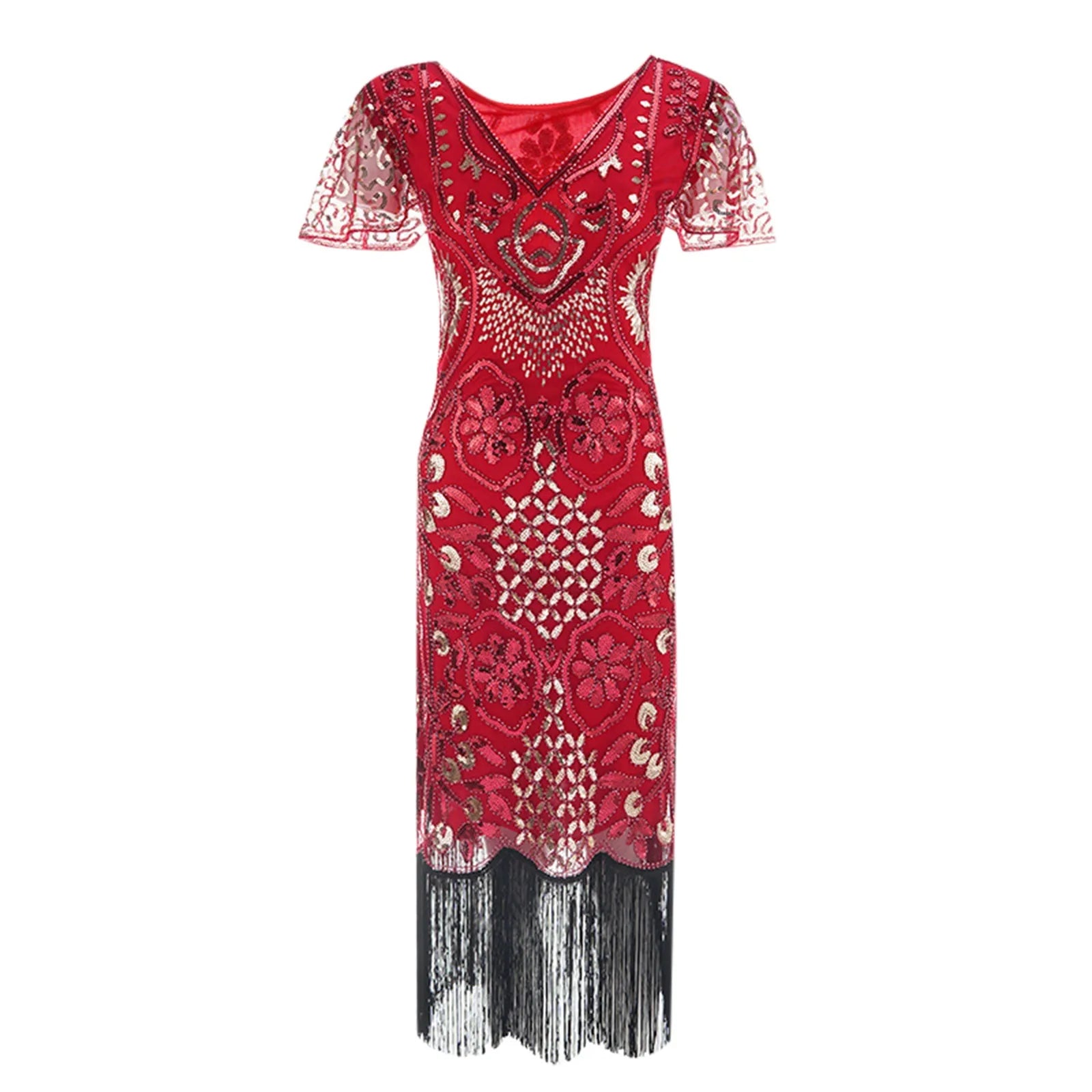 The Good Stuff JuliaFashion - Women's Sequin Beaded Flapper 20s Great Gatsby Fringed Sequin Lady V-Neck Petal Sleeve Embroidery Midi Dress