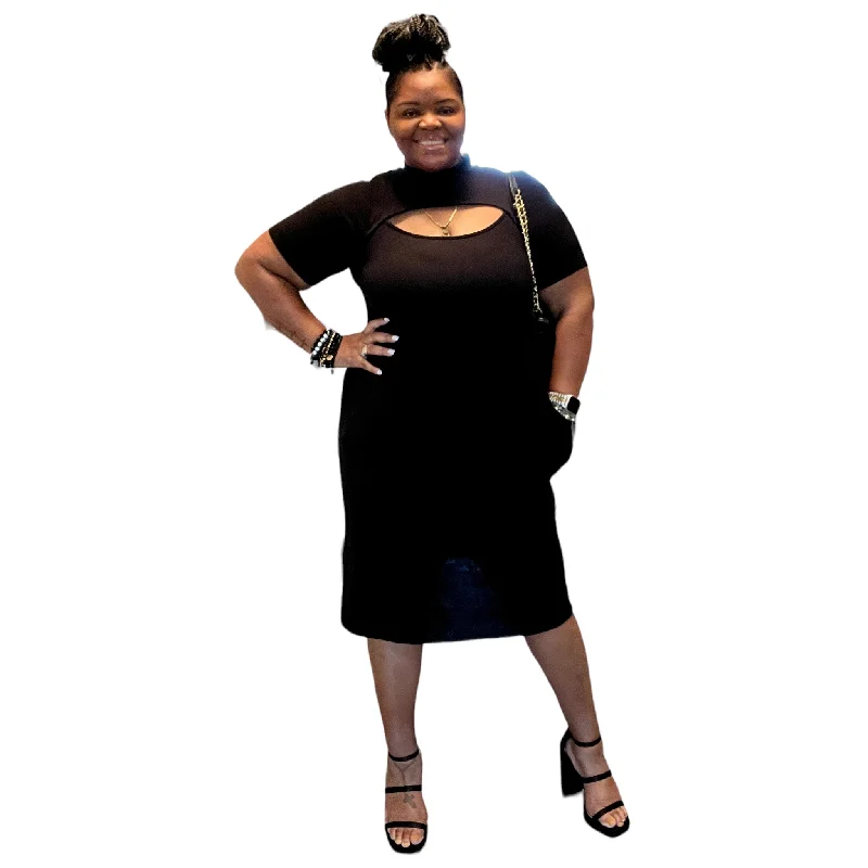 Trend Alert Women's Plus Size All Black Front Cut Out Midi Dress