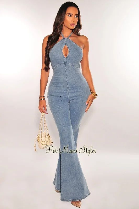 Fashion Forward Denim Halter Keyhole Bell Bottom Jumpsuit