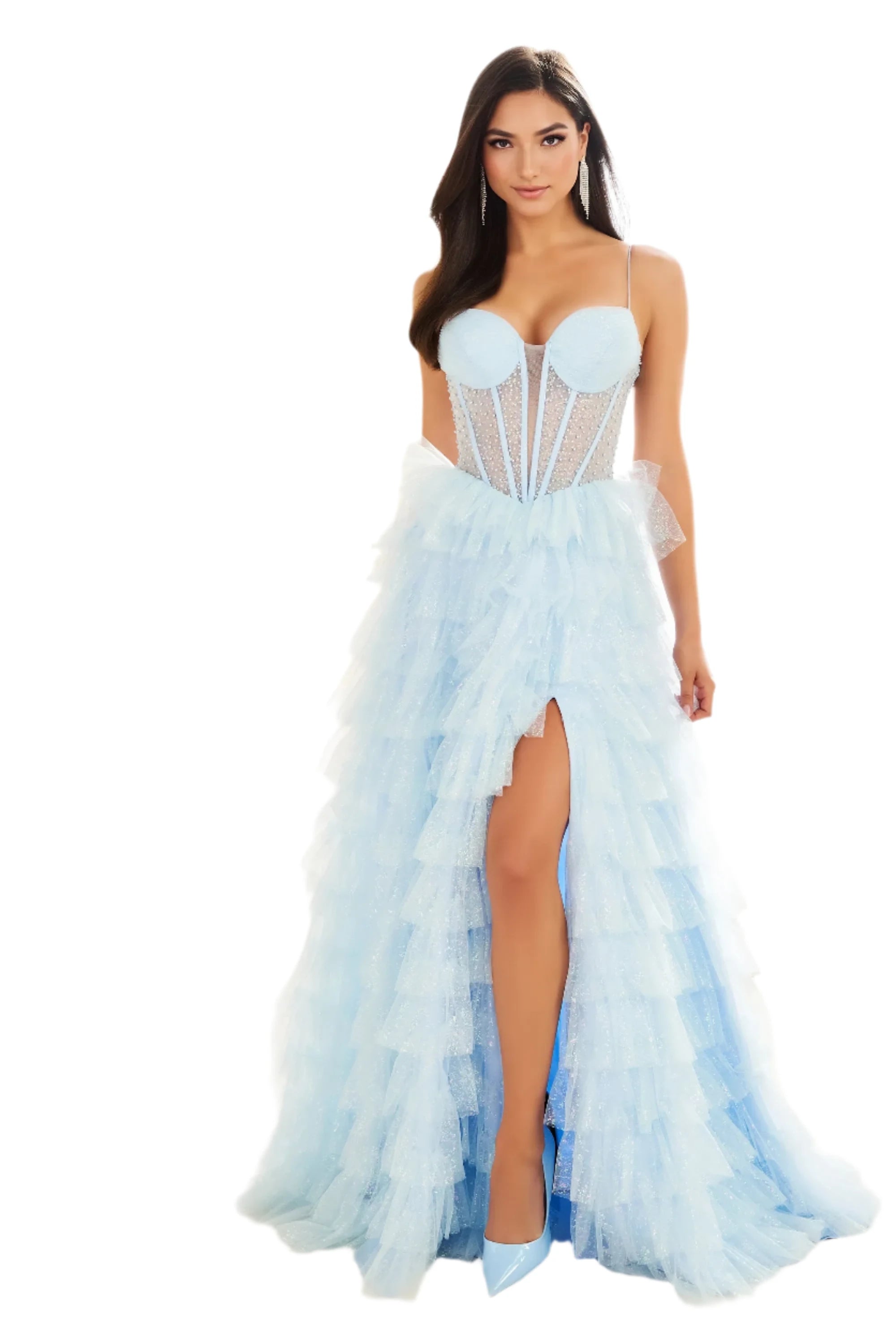 Final Clearance Ellie Wilde EW36029 Size 4 Ice Blue Sheer Corset Layered slit Prom Dress Shimmer Pearl Pageant Gown Formal