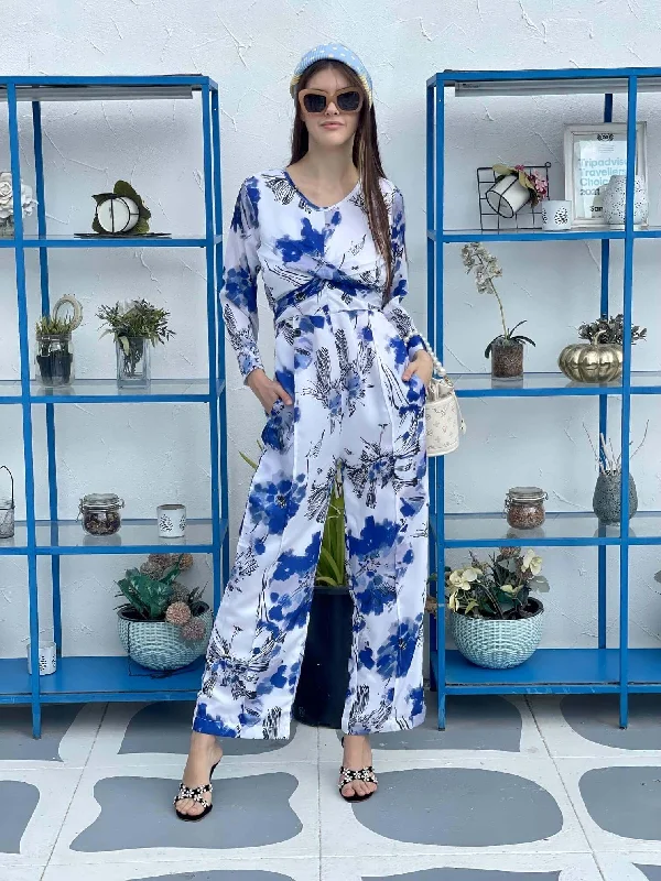 Runway Inspired Wear Abstract - Blue & White Floral Jumpsuit