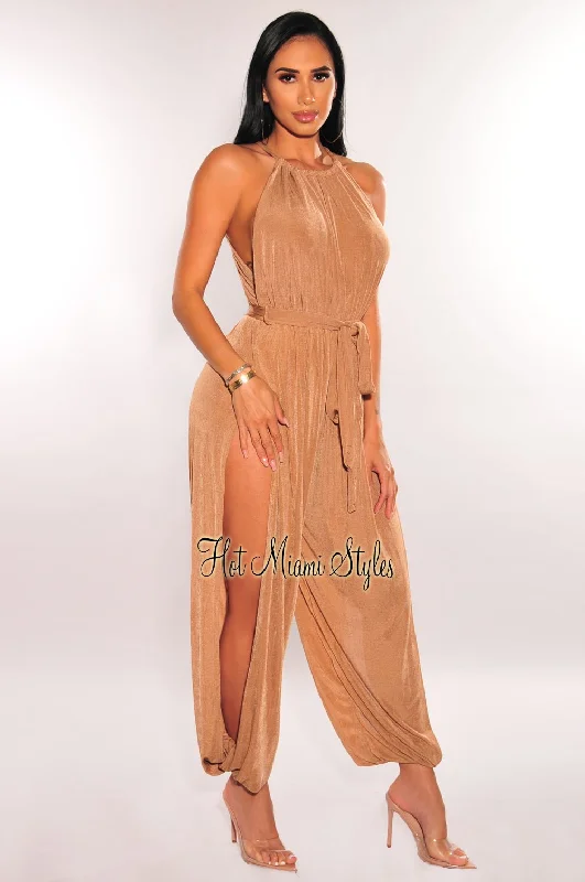 Trend Forward Women's Wear Mocha Shimmery Slit Hem Belted Harem Jumpsuit