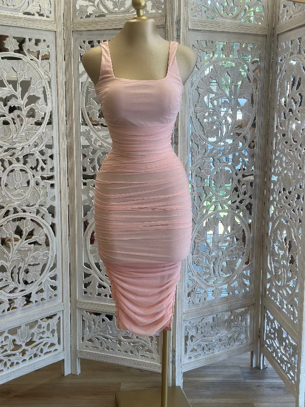 Ethnic Cultural Event Wear Baby Pink Ruched Midi Dress