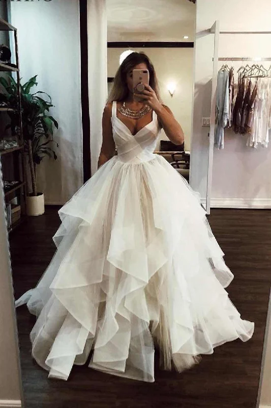 Stay Ahead In Style Puffy Straps Long Beach Wedding Dress Unique Cascading Ruffles Bridal Dress N1759