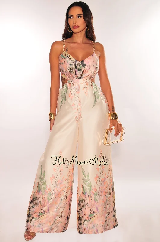 Don't Miss Out Ivory Floral Print Chain Strap Cut Out Palazzo Jumpsuit