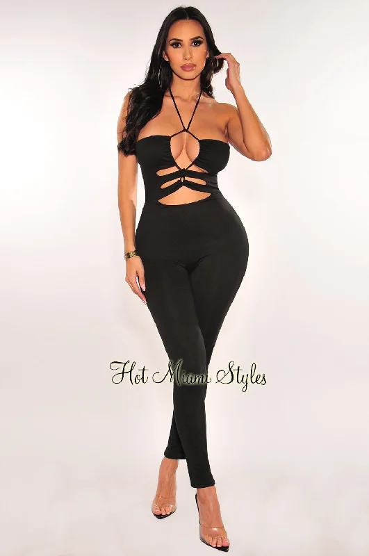 Embrace New Fashion Black Criss Cross Cut Out Halter Open Back Jumpsuit