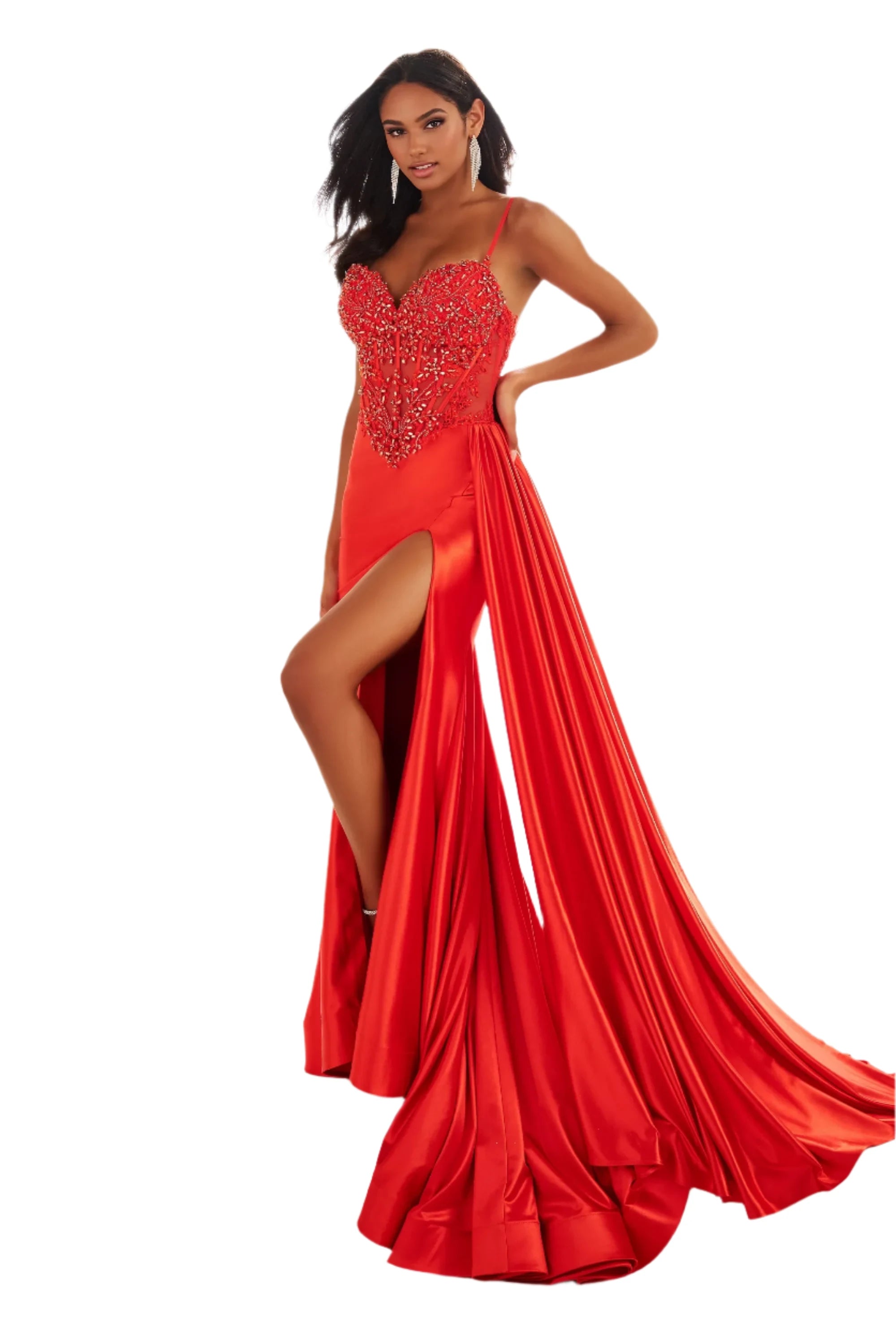 Disco - Inspired Retro Dance Look Ellie Wilde EW36064 Size 2 Red Long Sheer Lace Corset Prom Dress Overskirt Slit Pageant Formal Evening Gown