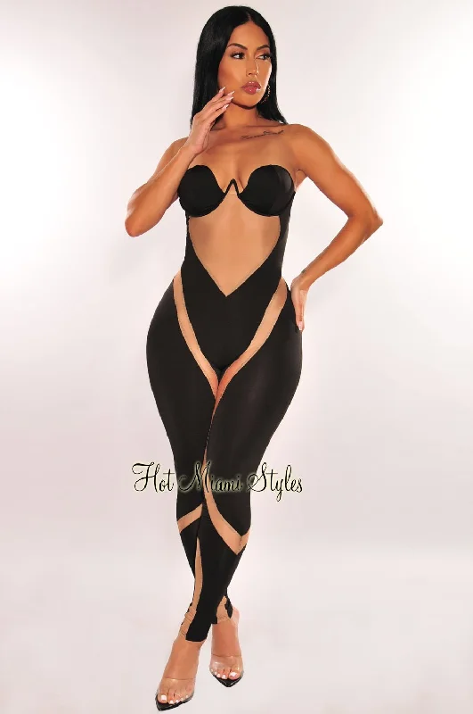 Chic And Edgy Black Nude Mesh Padded Strapless Underwire Jumpsuit